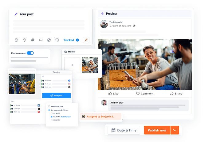 Team calendar view showing scheduled posts and cross-platform publishing options for marketing alignment