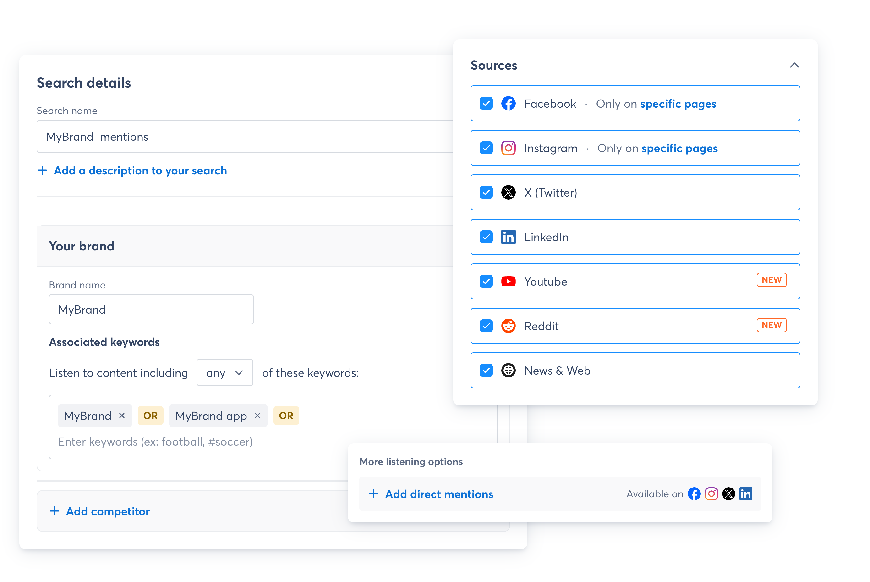 Setting up a social listening search across social networks, news sites and forums in Agorapulse