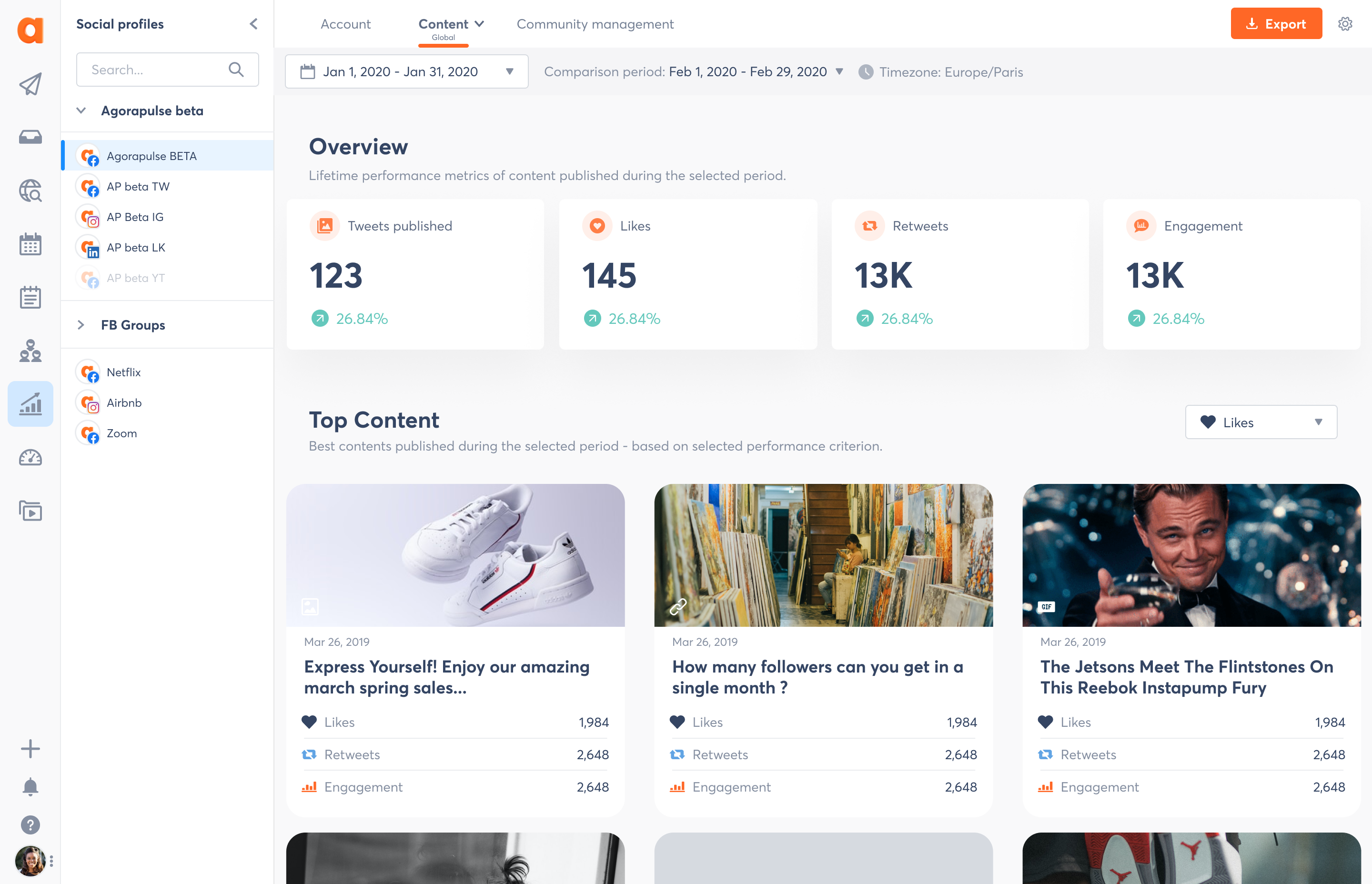 A view of Agorapulse social media report dashboard